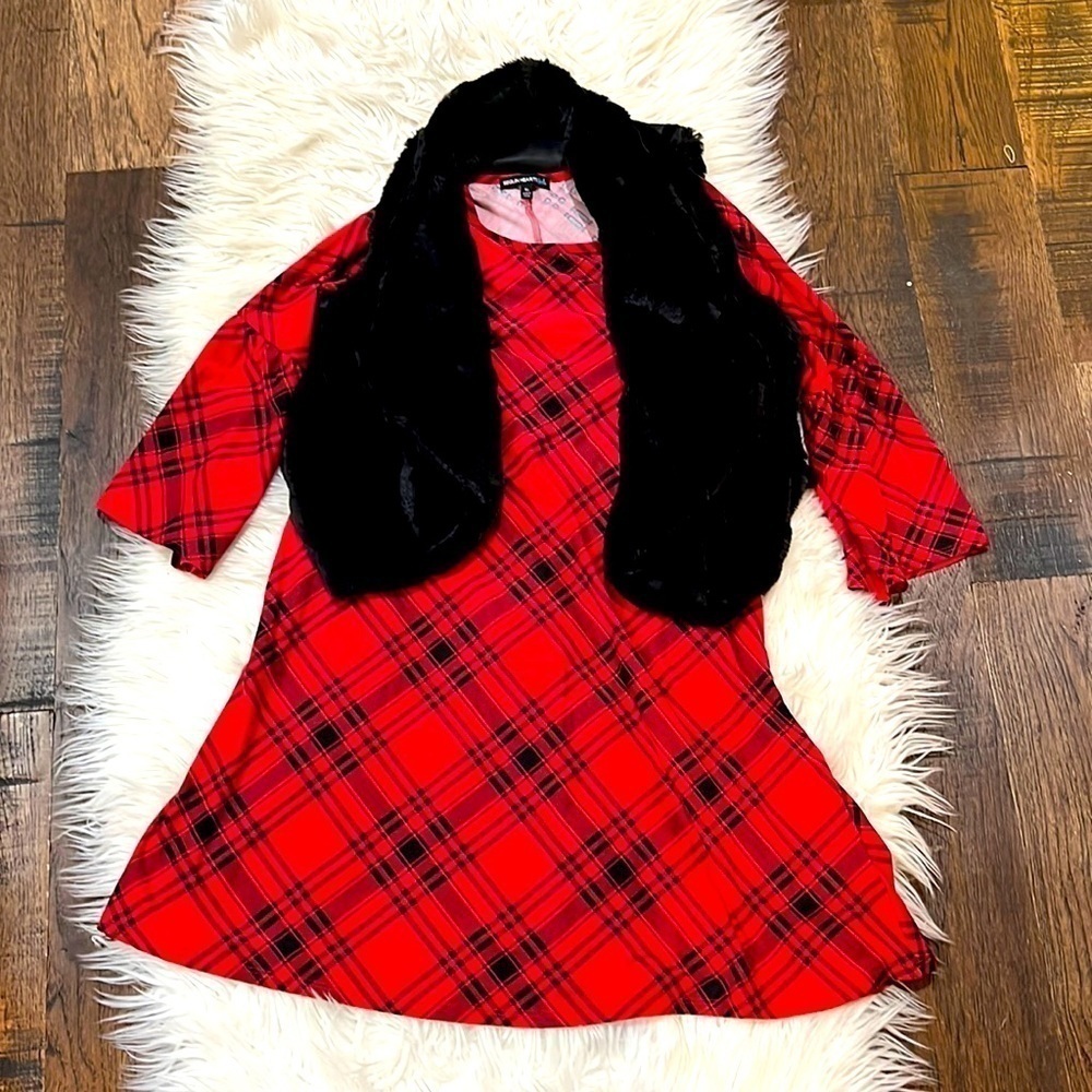Beautiful Plaid Dress with Black Furry Shrug Sweater